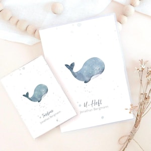 Personalisierte U-Heft Hülle, Impfpass, Reisepass o. Set mit Wal als Geschenk zur Geburt, mit Fach für den Impfpass u. Gesundheitskarte