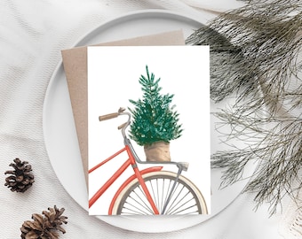 Christmas card with envelope, customizable with bicycle and Christmas tree, Christmas mail for family, friends, colleagues or customers.