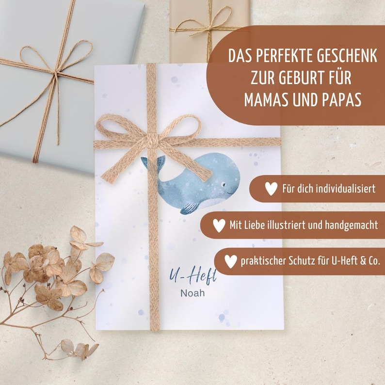 Funda de libro de registro de bebé personalizada con nombre, diseño de ballena, funda de registro de vacunación, funda de folleto de exámenes, regalo de bebé para nacimiento, regalo de baby shower imagen 2