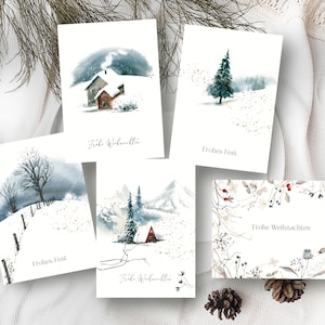 Weihnachtskarten 5er Set A6 personalisierbar in Aquarelloptik, Wintermotive Weihnachtspost für Familie, Freunde, o. Kunden