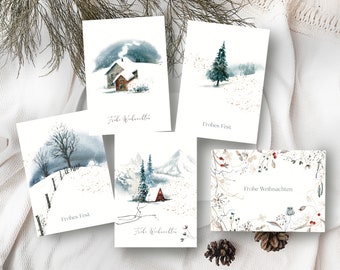Christmas cards set of 5 A6 personalizable in watercolor look, winter motifs Christmas mail for family, friends, or customers