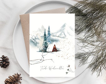 Christmas card personalizable with envelope with winter landscape in watercolor, as a Christmas card for family, friends, colleagues or customers