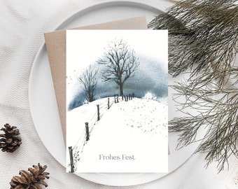 Christmas card personalizable with envelope with winter landscape in watercolor, as a Christmas card for family, friends, colleagues or customers