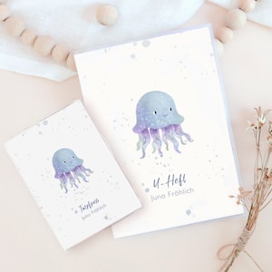 Personalisierte U-Heft-Hülle,Impfpass/Reisepass Qualle mit Namen, Geschenk zur Schwangerschaft oder Geburt, Schutzhülle, Geschenk Eltern