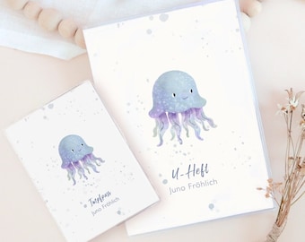 U-booklet cover, vaccination certificate/passport jellyfish personalized with name, gift for pregnancy or birth, protective cover, gift for parents