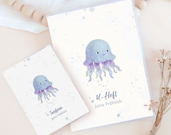 Funda de pasaporte personalizada, certificado de vacunación/pasaporte en forma de medusa con nombre, regalo para embarazo o nacimiento, funda protectora, regalo para padres.