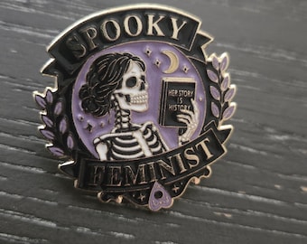 Spooky Feminist Enamel Pin | Gothic Feminist Gift | Witchy Book Lover Pin | Skeleton Reading "Her Story is History" Badge