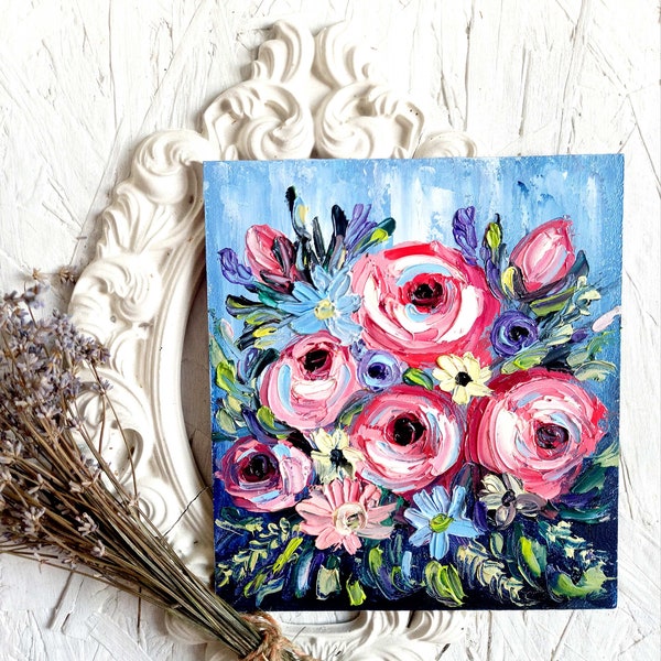 Pink Peonies Wall Art Peony Original Painting Flowers Art  Peonies Oil Artwork Floral Art Impasto Painting Texture Art Gift for Her 8×8"