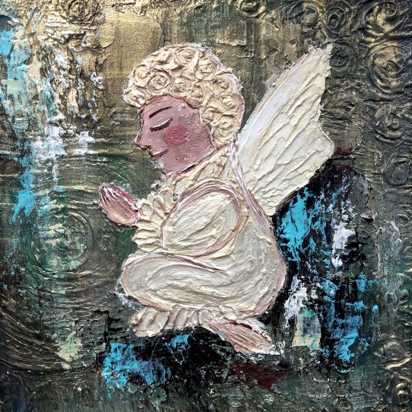 Guardian Angel Original Acrylic Painting Impasto Christmas Art Angel Wings Positive Gift Inspiring Art 8 by 8 in by Khomych Antonina