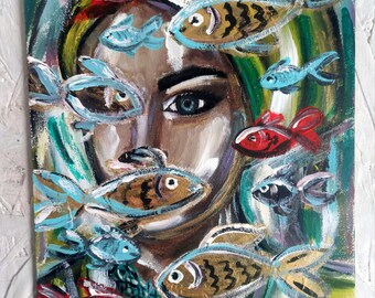 Woman Painting Original Art Woman Face Artwork Colorful Fish Painting 10 by 14" Portrait Woman Art  by Khomych Antonina