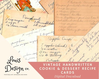 Digital Download Vintage Cookie & Dessert Recipe Cards, Printable, Handwritten Recipe Cards, Instant Download Printable 22 Index Cards
