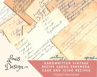 Junk Journal Kit, Printable Vintage Handwritten Recipe Cards Ephemera, 1970s Cake and Icing Recipes, Instant Download, 27 Recipe Cards