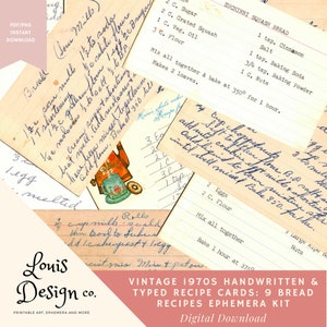 May include: Vintage 1970s handwritten and typed recipe cards for bread. The cards are on a light brown background with blue ink. The text on the cards includes ingredients and instructions for making zucchini squash bread, sour milk bread, and rolls. The cards are part of a digital download ephemera kit.