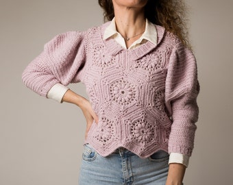 Manyko Sweater Crochet PATTERN + video tutorial - Granny Hexagon Jumper with Puff-Shoulder Sleeves and V-Neck, UK terms