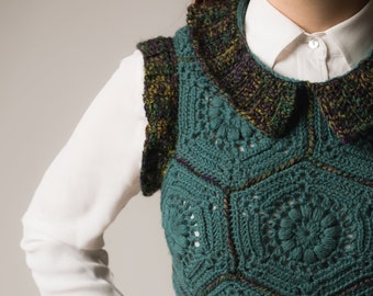 Festive Granny Square Gilet - Manyko Crochet Vest with V-Neck and zigzag waistline