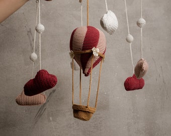 Handmade Nursery Crib Mobile with Pink and Cyclamen Crochet Hot Air Balloon and Clouds Amigurumi