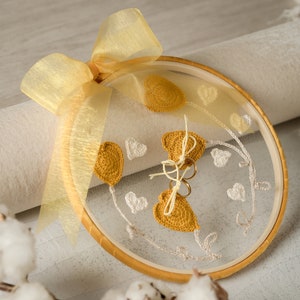Rustic ring holder on embroidery frame with mustard yellow crochet heart appliques for fall weddings image 3