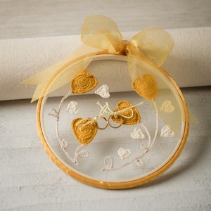 Bright gold rustic ring holder on embroidery frame for summer weddings image 1