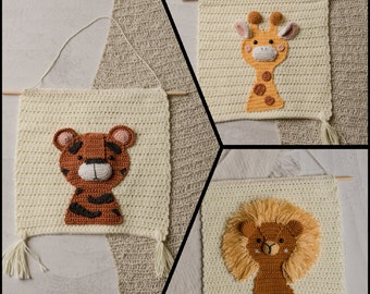 Set of 3 Handmade Crochet Safari Themed Nursery Wall Decorations, with Embroidered Animals, Tassels and 3D details