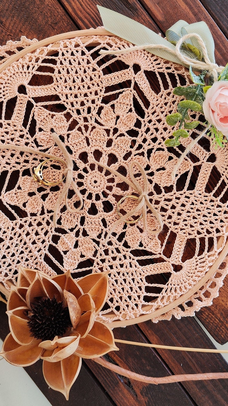 Boho Italian Lace Doily Wedding Ring Pillow on Embroidery Loop image 7