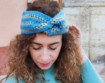 Winter Headband with Colorwork in Storm Blue and Camel, Adult size - Gift Idea for Saint Valentine's, Birthday, Women's Day, Mother's Day