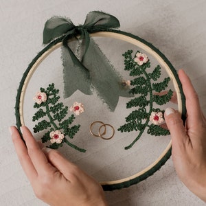 Elegant Wedding Ring Holder with Fern Leaves and Pink Hand-Embroidered Blossoms for Forest Themed Wedding image 1