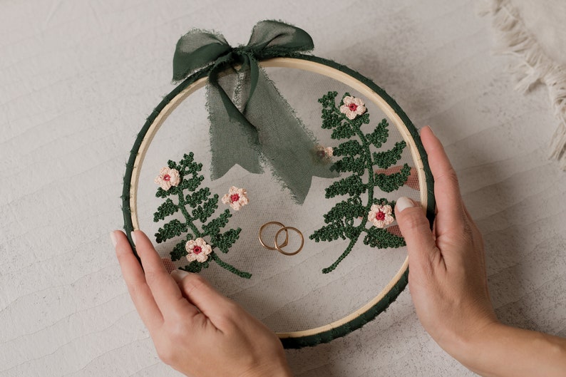 Elegant Wedding Ring Holder with Fern Leaves and Pink Hand-Embroidered Blossoms for Forest Themed Wedding image 1