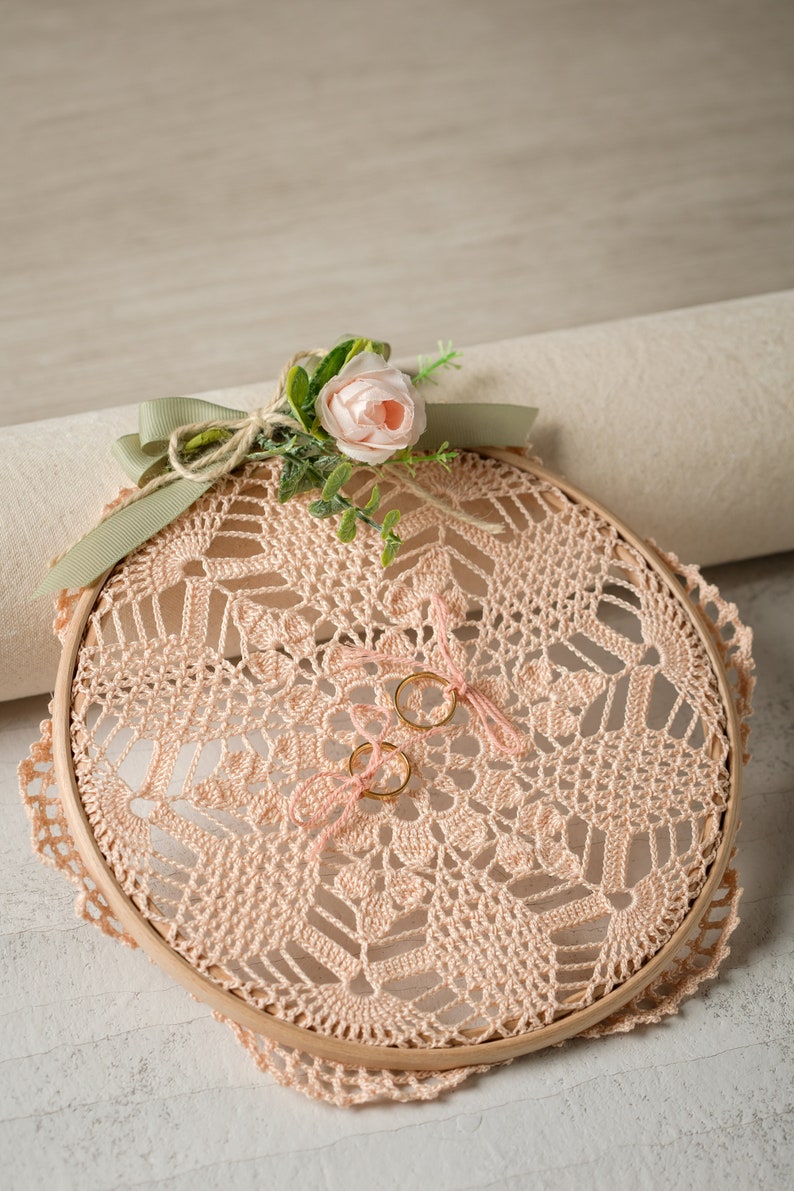 Boho Italian Lace Doily Wedding Ring Pillow on Embroidery Loop image 3