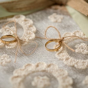 Rustic wedding ring holder with crochet appliques on organza tulle on embroidery loom zdjęcie 2