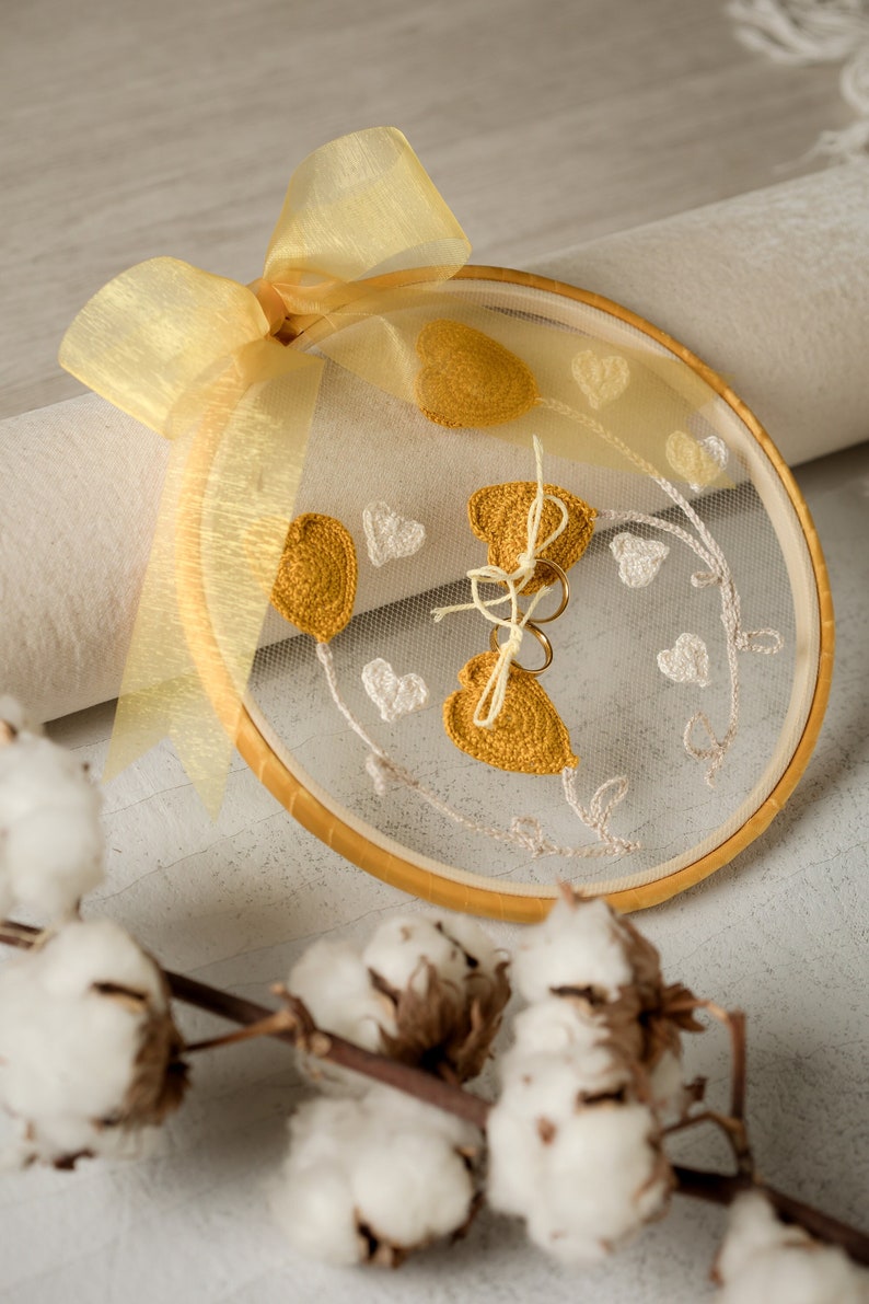 Rustic ring holder on embroidery frame with mustard yellow crochet heart appliques for fall weddings image 3