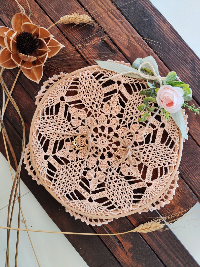 Boho Italian Lace Doily Wedding Ring Pillow on Embroidery Loop image 5