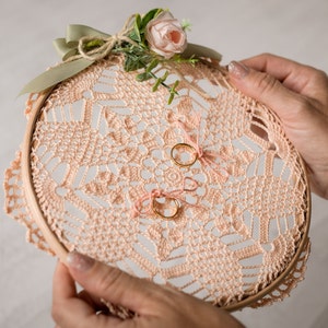 Boho Italian Lace Doily Wedding Ring Pillow on Embroidery Loop image 1