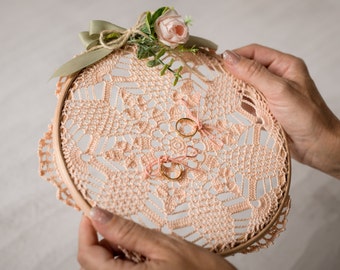 Boho Italian Lace Doily Wedding Ring Pillow on Embroidery Loop