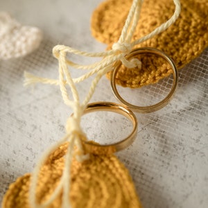 Rustic ring holder on embroidery frame with mustard yellow crochet heart appliques for fall weddings image 5