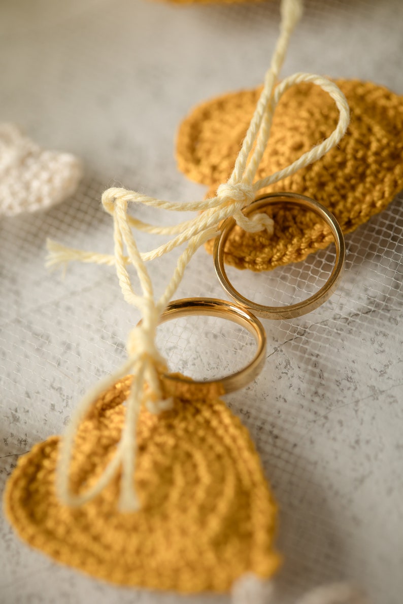 Rustic ring holder on embroidery frame with mustard yellow crochet heart appliques for fall weddings image 5