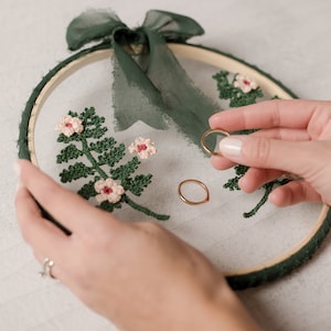 Elegant Wedding Ring Holder with Fern Leaves and Pink Hand-Embroidered Blossoms for Forest Themed Wedding image 2