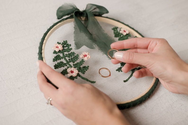 Elegant Wedding Ring Holder with Fern Leaves and Pink Hand-Embroidered Blossoms for Forest Themed Wedding image 2