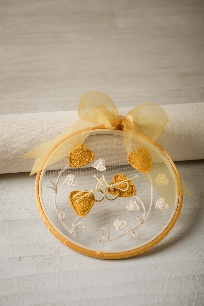 Rustic ring holder on embroidery frame with mustard yellow crochet heart appliques for fall weddings image 2