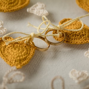 Rustic ring holder on embroidery frame with mustard yellow crochet heart appliques for fall weddings image 1