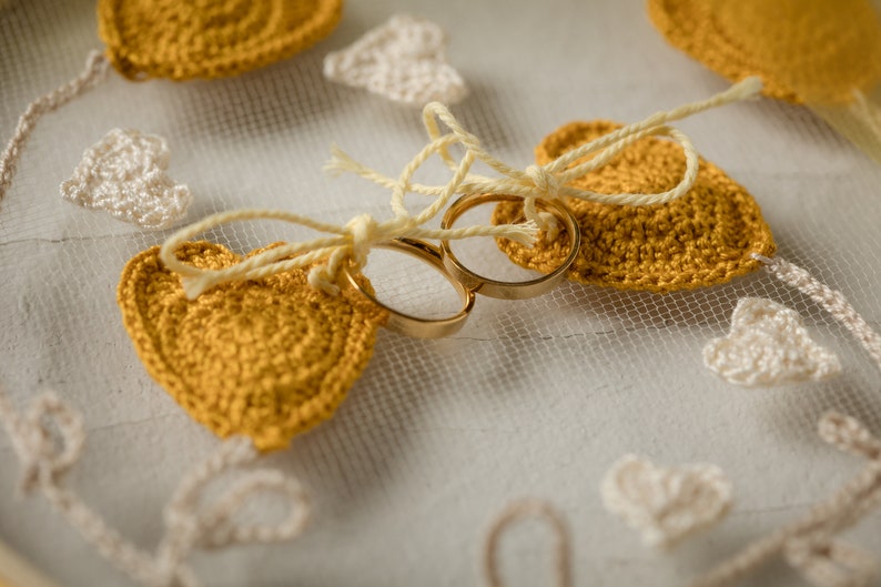 Rustic ring holder on embroidery frame with mustard yellow crochet heart appliques for fall weddings image 1
