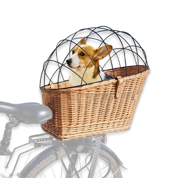 Wicker Dog or Cat Carrier with Protective Grille - for Bicycle Luggage Rack & Metal Holder Pet Basket with Soft Cotton Cushion - Natural