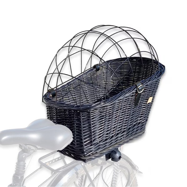 Wicker Dog or Cat Carrier with Protective Grille - for Bicycle Luggage Rack & Metal Holder Pet Basket with Soft Cotton Cushion - Black