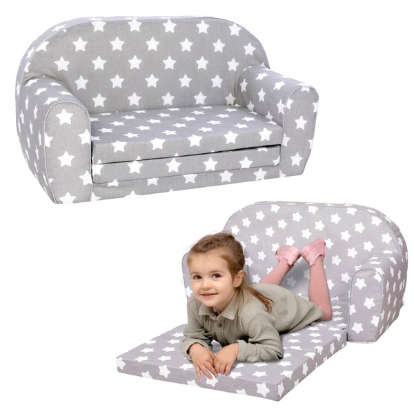 DELSIT Toddler Couch & Baby Foldable Sofa - European Made Children's 2 in 1 Flip Open Foam Double Couch, Washable Cover, Gray with Stars