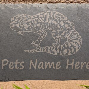 May include: A dark grey slate pet memorial sign featuring an engraved lizard design. The text "Pets Name Here" is etched below the lizard. The sign has a rectangular shape with a natural, uneven edge.