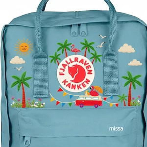 Embroidered Fjallraven Kanken Backpack: Bird & Coconut Tree Design