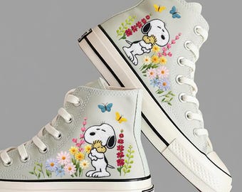 Zapatillas Converse altas con bordado de perro de dibujos animados: zapatos con diseño personalizado de flores y anime, zapatos de boda.