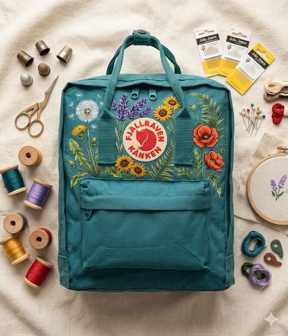 フェールラーベン カンケン 刺繍フラワー ポピー デイジー ヒマワリ タンポポ シダの刺繍入りトラベルバッグ カスタムスクールバックパック - 日本