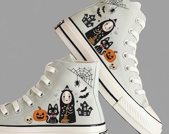 Cat And Spider Web Embroidered Converse Shoe - Custom Halloween, Pumpkins Design Converse