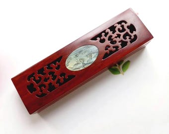Handmade Rosewood Chopsticks Box: Mother-of-Pearl Dragon Inlay, 10 Pairs