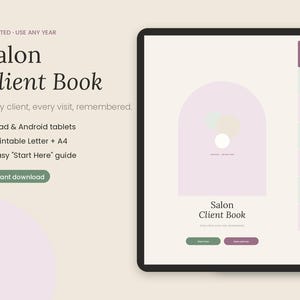Può includere: Un'agenda digitale Salon Client Book visualizzata su uno schermo di tablet con sfondo beige chiaro. L'interfaccia presenta una grafica ad arco, navigazione a schede e testo tra cui Salon Client Book, Every client, every visit, remembered.